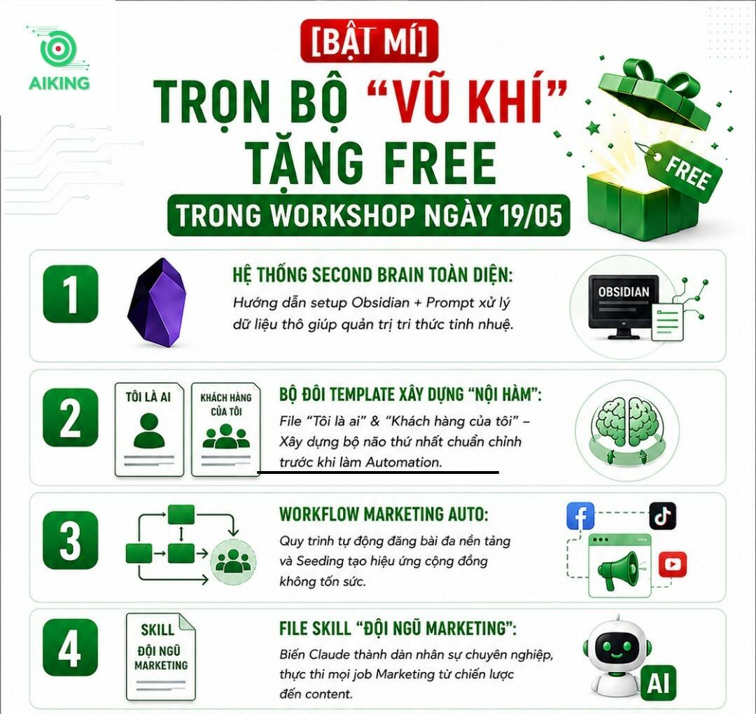 Workshop AIKING 19/05: Trọn bộ công cụ AI Automation tặng miễn phí cho thương hiệu Việt